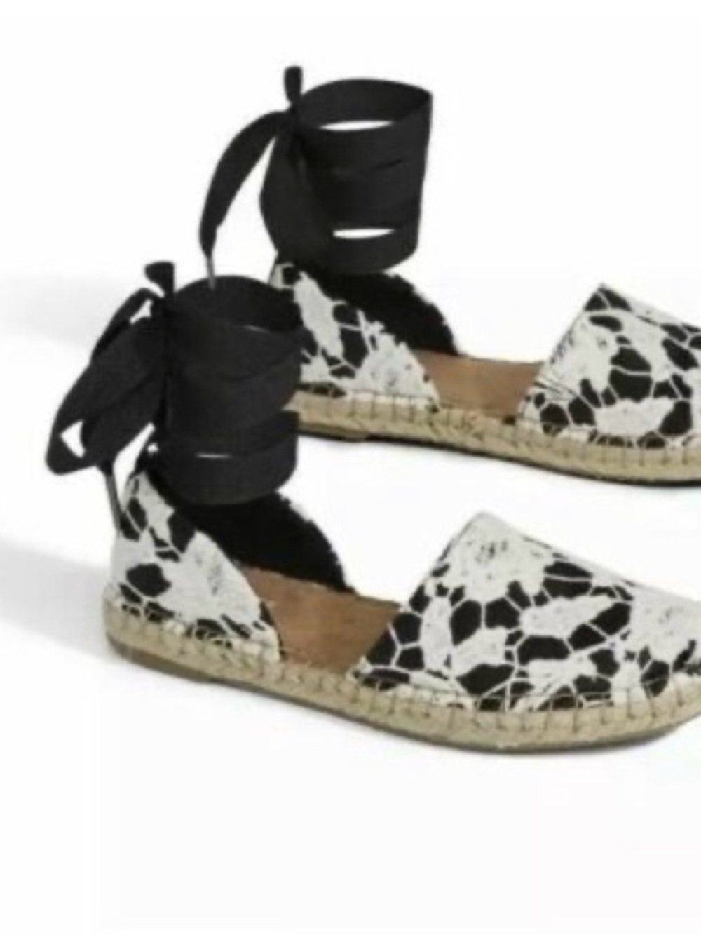 Toms Katalina Black and Ivory Crochet Floral Lace Ankle Tie Espadrilles